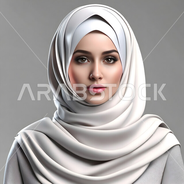 The concept of femininity and concern for external appearance, a portrait of a veiled Saudi Gulf Arab woman looking at the camera with gestures of self-confidence, standing upright to take a personal photo for official documents, gray background