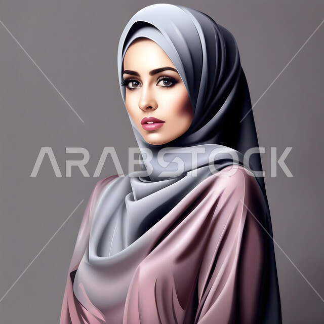 الوقوف باستقامة لالتقاط صورة شخصية للوثائق الرسمية، بورتريه لامرأة عربية خليجية سعودية محجبة تنظر الى الكاميرا بإيماءات الثقة بالنفس، مفهوم الأنوثة والاهتمام بالمظهر الخارجي، خلفية رمادية