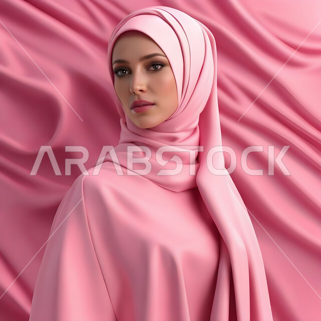 مفهوم الأنوثة والنعومة والاهتمام بالمظهر الخارجي، بورتريه لامرأة عربية خليجية سعودية محجبة ترتدي العبائة الوردية وتنظر الى الكاميرا بإيماءات الثقة بالنفس، الوقوف باستقامة لالتقاط صورة شخصية للوثائق الرسمية، خلفية وردية