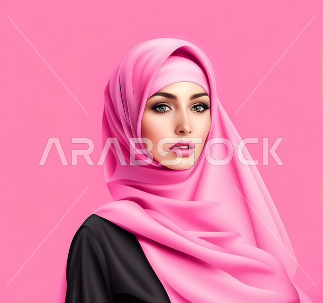 النظر الى الكاميرا بايماءات الثقة بالنفس، مفهوم الأنوثة والنعومة والاهتمام بالمظهر الخارجي، بورتريه لامرأة عربية خليجية سعودية محجبة تقف باستقامة، صورة شخصية للوثائق الرسمية، خلفية وردية