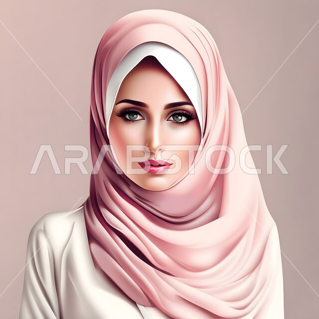 النظر الى الكاميرا بايماءات الثقة بالنفس، بورتريه لامرأة عربية خليجية سعودية محجبة تقف باستقامة، صورة شخصية للوثائق الرسمية، مفهوم الأنوثة والنعومة والاهتمام بالمظهر الخارجي، خلفية ملونة