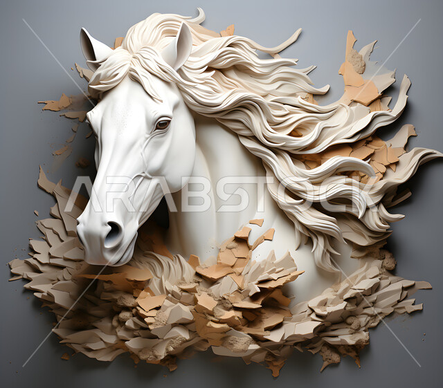 Traditional heritage decorations and sculptures, a masterpiece of a three-dimensional model of the head of a purebred white Arabian horse, a symbol of chivalry and courage, a passion for Saudi Arabian horses, innovative designs for distinctive wall frames, a gray background.
