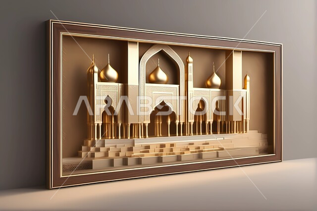 تصاميم مبتكرة للديكورات والمجسمات الإسلامية، مجسم جداري ثلاثي الابعاد لمسجد باللون الذهبي، اطارات وبراويز جدارية مميزة، مفهوم العبادة والتقرب الى الله، خلفية رمادية