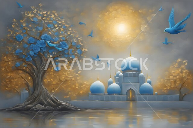 تصاميم ورسومات توضيحيه للمناظر الطبيعيه في فصل الخريف المحيطة بالاماكن الاسلامية المقدسة، لوحة فنية ثلاثية الأبعاد للمساجد والقباب المحاطة بالأشجار والنباتات الملونة