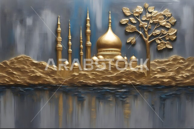 رسومات وتصاميم جدارية بالالوان الزيتية للأماكن الدينية المقدسة، لوحة فنية ثلاثية الأبعاد للمساجد والقباب الملونه بالذهبي المحاطه بالاشجار ، زينة وديكورات اسلاميه