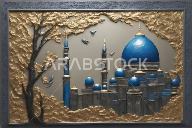 A 3D artistic painting of a mosque with blue domes and minarets surrounded by golden drawings and shapes, gray wall frames and frames, distinctive decorations and designs, sacred religious places