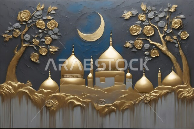 لوحة فنية ثلاثية الأبعاد للمساجد والقباب الملونه بالذهبي المحاطه بالاشجار ، زينة وديكورات اسلاميه، رسومات وتصاميم جدارية بالالوان الزيتية للأماكن الدينية المقدسة