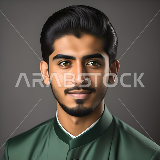 الاهتمام بالمظهر الخارجي، بورتريه مقرب لشاب وسيم عربي خليجي سعودي مبتسم ينظر إلى الكاميرا، صورة شخصية للوثائق الرسميه، خلفية رمادية