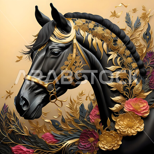  تصاميم مبتكرة فنية للديكورات والمجسمات التراثية التقليدية، مجسم جداري ثلاثي الأبعاد لحصان اسود عربي اصيل مزين بالورود ، زينة واكسسوارات ذهبية، رمز الفروسية والشجاعه، الشغف بالخيول العربية السعودية، خلفية ملونة