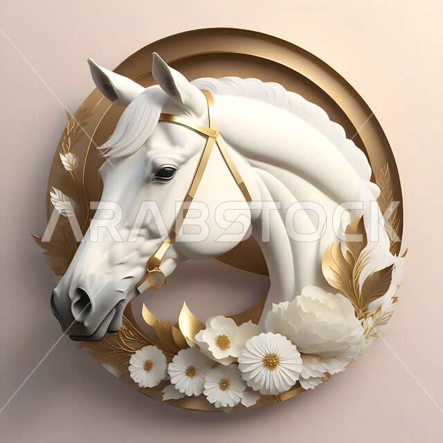 حب الخيول العربية السعودية، رمز الفروسية والشجاعه، تصاميم فنية مبتكرة للديكورات والمجسمات التراثية التقليدية، مجسم جداري ثلاثي الأبعاد لرأس حصان أبيض عربي اصيل مزين بالزهور ، خلفية ملونة