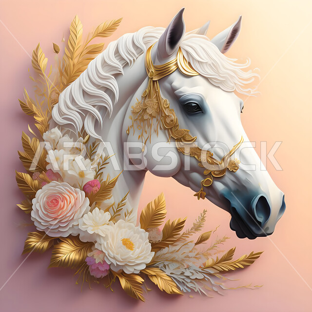 زينة واكسسوارات ذهبيه ،رمز الفروسية والشجاعه، تصاميم فنية مبتكرة للديكورات والمجسمات التراثية التقليدية، مجسم جداري ثلاثي الأبعاد لرأس حصان أبيض عربي اصيل مزين بالورود ، الشغف بالخيول العربية السعودية، خلفية ملونة