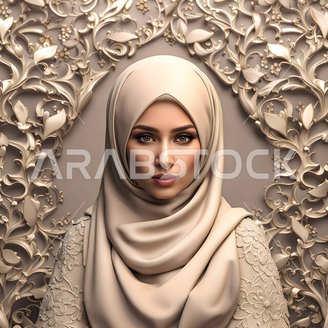 حجابات وملابس نسائيه اسلامية راقيه ،مفهوم الأنوثة والنعومة، صورة مقربة لعروس عربية خليجيه سعودية مسلمة ترتدي حجاب الافراح العرائسي المطرز والمزخرف و تنظر إلى الكاميرا، الاهتمام بالمظهر الخارجي، خلفية جدارية بنقوشات ذهبية