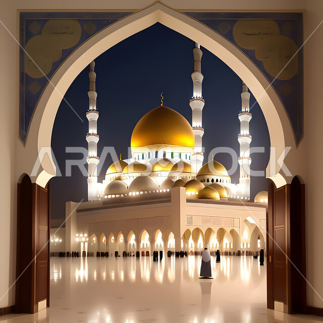 المسجد النبوي الشريف المضيء ليلا في المدينة المنورة في المملكة العربية السعودية، معالم و أماكن دينية إسلامية مقدسة، الفن الهندسي المعماري الاسلامي للقبب والمآذن ، العبادة والتقرب إلى الله تعالى 