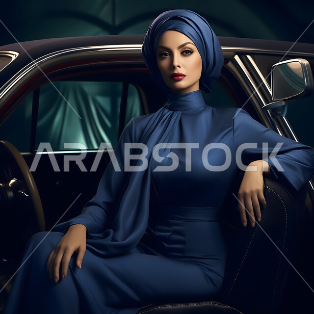 أزياء وملابس محجبات عصرية، إعلانات تجارية لشركات السيارات، عباءات مبتكرة نسائية بتصاميم حديثة مميزة وأنيقة، امرأة عربية خليجية سعودية محجبة ترتدي عباءة خليجية فاخرة باللون الكحلي تجلس في داخل سيارة فاخرة، مفهوم الفخامة والرقي.