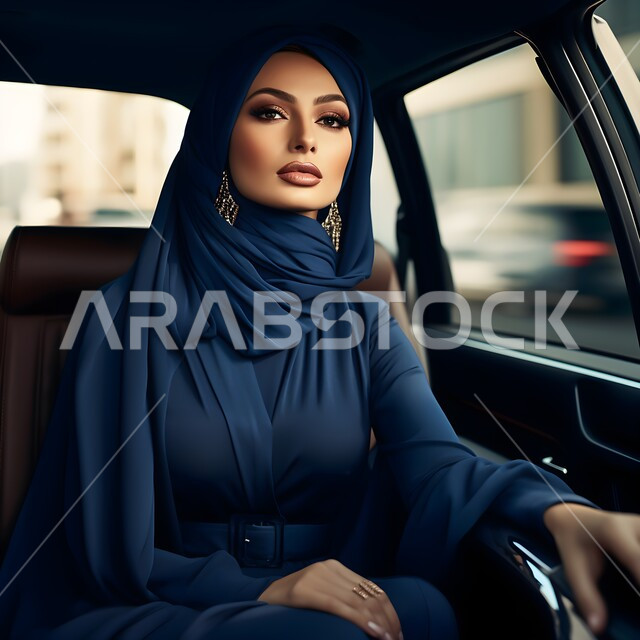 Modern veiled fashion and clothing, commercial advertisements for car companies, innovative women’s abayas with distinctive and elegant modern designs, a veiled Saudi Gulf Arab woman wearing a luxurious navy blue Gulf abaya sitting inside a luxury car, the concept of luxury and sophistication.