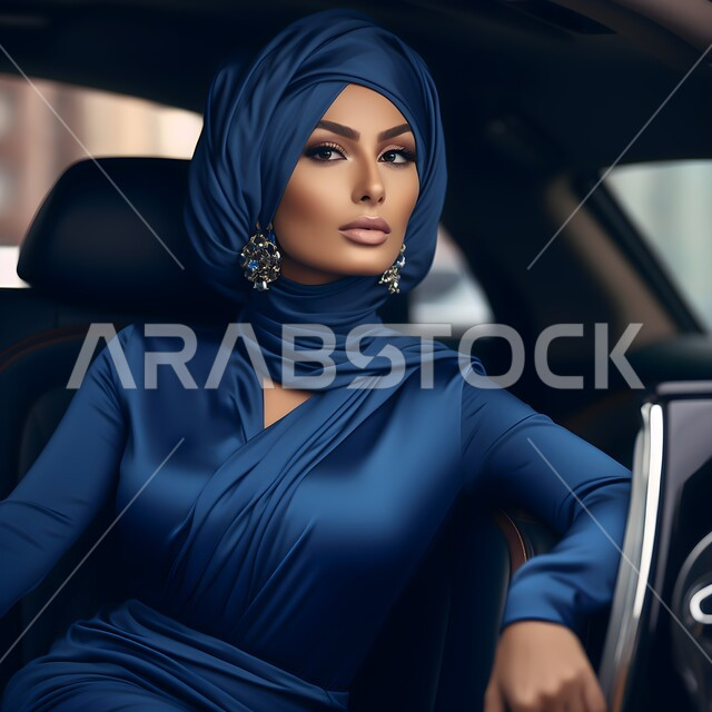 أزياء وملابس محجبات عصرية، إعلانات تجارية لشركات السيارات، عباءات مبتكرة نسائية بتصاميم حديثة مميزة وأنيقة، امرأة عربية خليجية سعودية محجبة ترتدي عباءة خليجية فاخرة باللون الكحلي تجلس في داخل سيارة فاخرة، مفهوم الفخامة والرقي.
