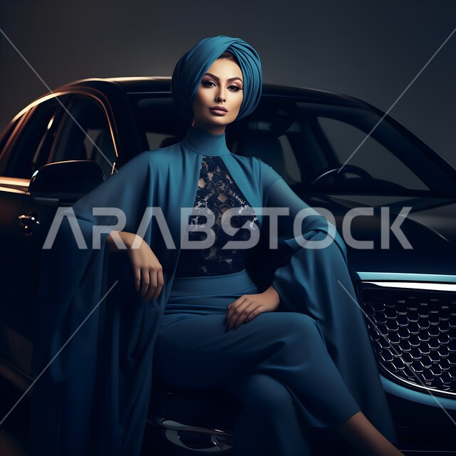 إعلانات تجارية لشركات السيارات، أزياء وملابس محجبات عصرية، عباءات مبتكرة نسائية بتصاميم حديثة مميزة وأنيقة، امرأة عربية خليجية سعودية محجبة ترتدي عباءة خليجية فاخرة باللون الكحلي تجلس بجانب سيارة فاخرة، مفهوم الفخامة والرقي.