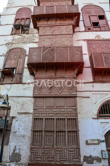 Architectural design built in the traditional Islamic style, famous tourist attractions, houses and popular neighborhoods in the city of Jeddah in the Kingdom of Saudi Arabia, the ancient historical country