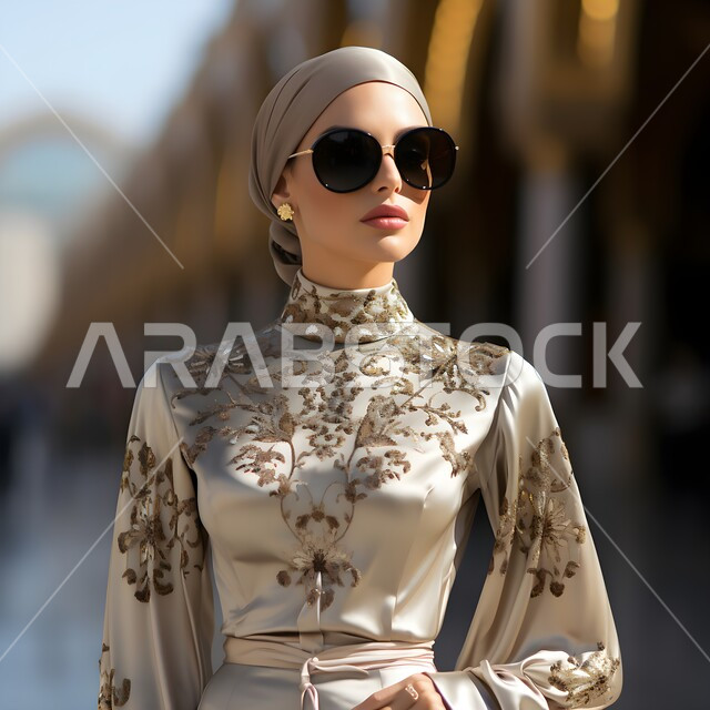 حجابات وملابس نسائية راقية, مفهوم الأنوثة والنعومة, صورة مقربة لسيدة أعمال عربية خليجية سعودية محجبة ترتدي النظارة واللباس المطرز الراقي تنظر إلى شيء ما بإيماءات الثقة بالنفس, أزياء المناسبات والحفلات