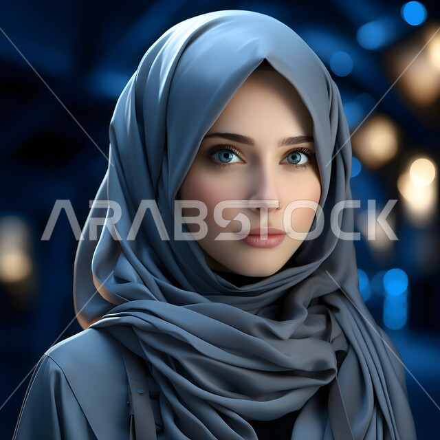 مفهوم الأنوثة والنعومة, حجابات وملابس نسائية راقية, صورة مقربة لسيدة عربية خليجية سعودية محجبة ترتدي عباءة زرقاء رمادية تنظر إلى الكاميرا بإيماءات الثقة بالنفس