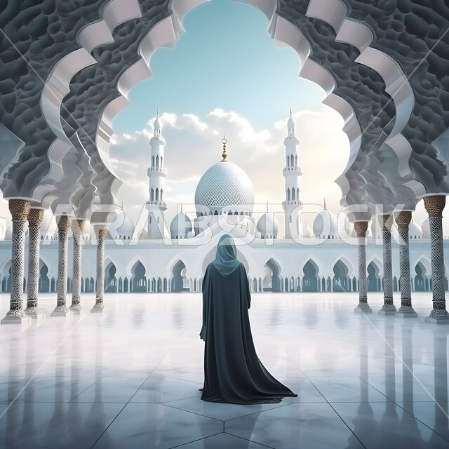أماكن ومعالم دينية مقدسة, الديكورات الإسلامية لبناء المساجد, صورة من الخلف لامرأة عربية خليجية سعودية ترتدي العباءة والحجاب تقف في باحة المسجد, مفهوم العبادة والتقرب إلى الله, الرسومات والتصاميم الهندسية