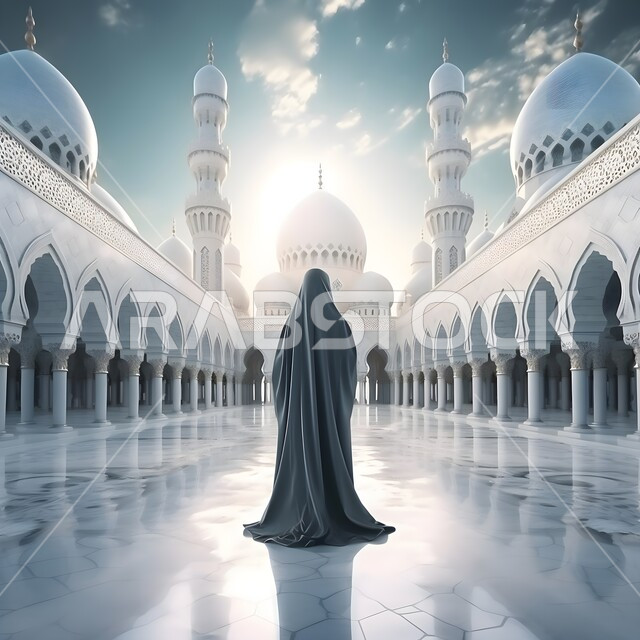 الديكورات الإسلامية لبناء المساجد, صورة من الخلف لامرأة عربية خليجية سعودية ترتدي العباءة والحجاب تقف في باحة المسجد, مفهوم العبادة والتقرب إلى الله, الرسومات والتصاميم الهندسية, أماكن ومعالم دينية مقدسة