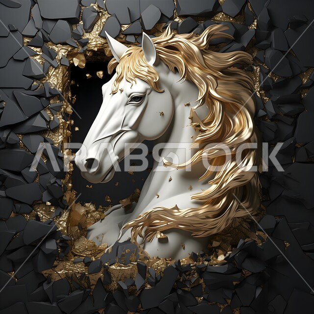 تصاميم مبتكرة فنية للديكورات والمجسمات التراثية التقليدية، مجسم جداري ثلاثي الأبعاد لحصان أبيض عربي أصيل، زينة واكسسوارات ذهبية، رمز الفروسية والشجاعه، الشغف بالخيول العربية السعودية، خلفية سوداء