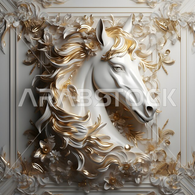 تصاميم فنية وديكورات عصرية, رسوم جدارية ثلاثية الأبعاد لرأس حصان أبيض عربي أصيل, حب وشغف الخيول العربية السعودية, إكسسوارات وزخارف ذهبية راقية, رمز الفروسية والشجاعة