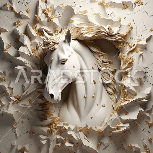 تصاميم فنية وديكورات عصرية, رسوم جدارية ثلاثية الأبعاد لرأس حصان أبيض عربي أصيل, حب وشغف الخيول العربية السعودية, إكسسوارات وزخارف ذهبية راقية, رمز الفروسية والشجاعة