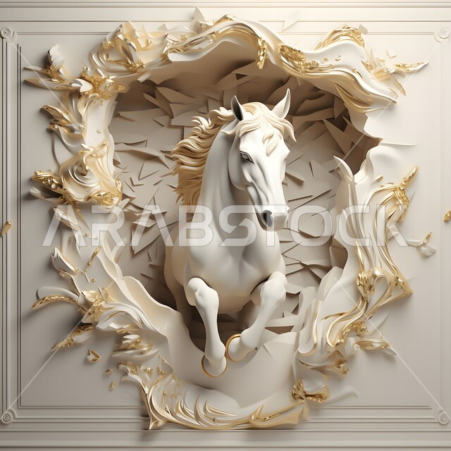 ديكورات وتصاميم فنية عصرية, رسوم جدارية ثلاثية الأبعاد لمجسم خيل عربي أبيض أصيل, رمز الفروسية والشجاعة, الشغف بالأحصنة العربية الأصيلة, حب الجياد والاهتمام به, زخارف ذهبية راقية