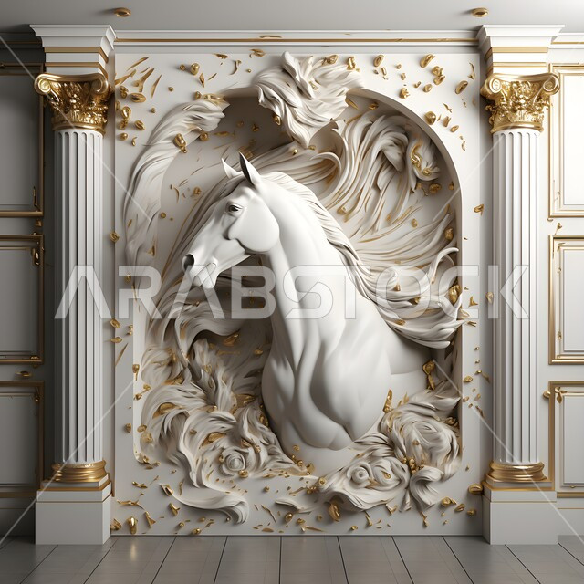 ديكورات وتصاميم فنية عصرية, رسوم جدارية ثلاثية الأبعاد لمجسم خيل عربي أبيض أصيل, رمز الفروسية والشجاعة, الشغف بالأحصنة العربية الأصيلة, حب الجياد والاهتمام به, زخارف ذهبية راقية