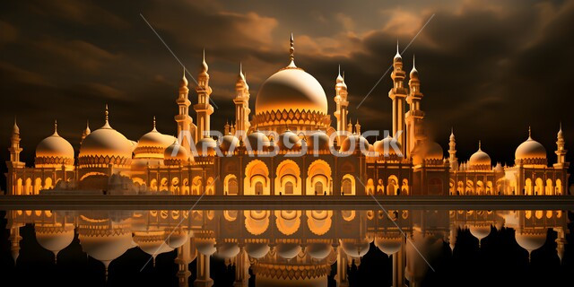 العبادة والتقرب إلى الله, رسوم ثلاثية الأبعاد لانعكاس تصميم المسجد على مياه البحر, الفن الهندسي المعماري الاسلامي, مجسمات للمساجد والقبب المضاءة في وقت الليل, الديكورات والتصاميم الهندسية