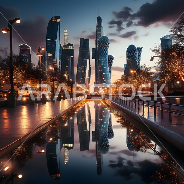 تطور التصاميم الهندسية المعمارية, الأبراج وناطحات السحاب المضاءة في كورنيش مدينة قطر في وقت الليل, الفن الهندسي للمنشآت والمباني في الدوحة, الواجهة البحرية السياحية للمعالم المشهورة