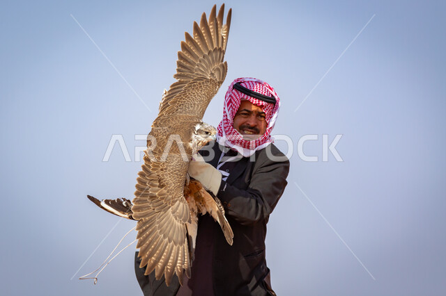 مهارة ترويض وتدريب الطيور الجارحة, الفخر بالتراث السعودي العريق في تربية الطيور المفترسة  , رجل عربي خليجي سعودي يرتدي الشماغ و الثوب التقليدي يقوم بصيد طائر الصقر في الموسم السنوي, انتقال إرث الأجداد عبر الأجيال