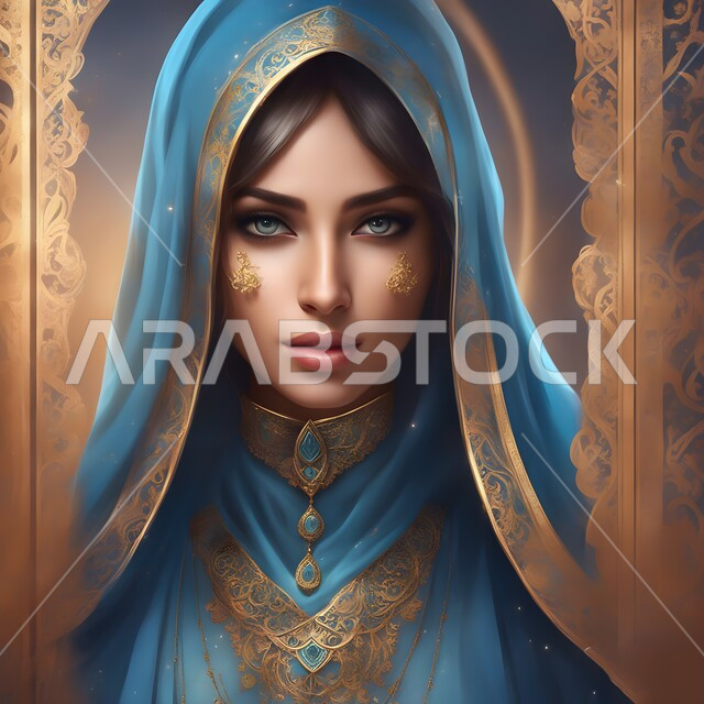 The development of modern Saudi designs in the Kingdom, the concept of elegance and femininity, a close-up image of a Saudi Gulf Arab woman wearing the hijab looking at the camera with confident gestures, attention to external appearance, Islamic women’s hijab and clothing