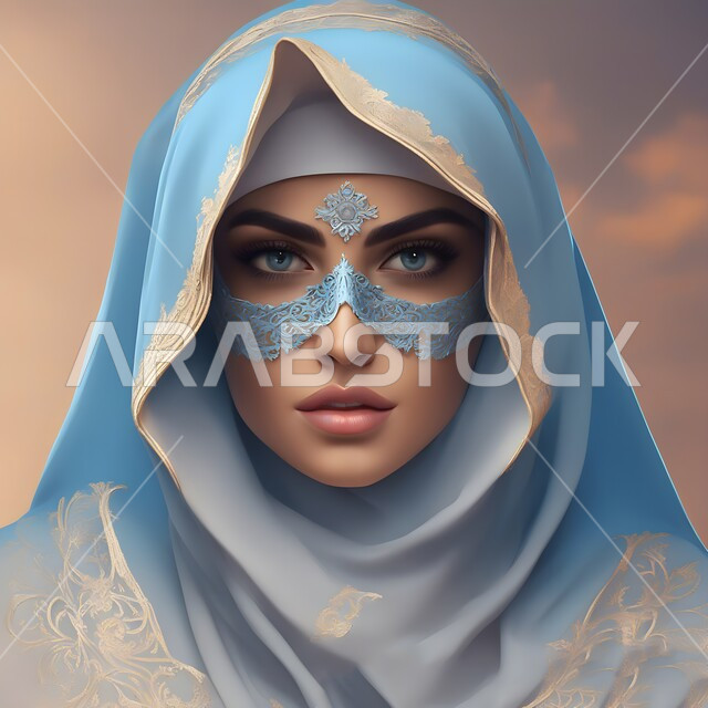 مفهوم الأناقة والأنوثة, صورة مقربة لإمرأة عربية خليجية سعودية ترتدي الحجاب المزخرف تنظر إلى الكاميرا بإيماءات الثقة, الاهتمام بالمظهر الخارجي, حجابات وملابس نسائية اسلامية, تصاميم عصرية سعودية