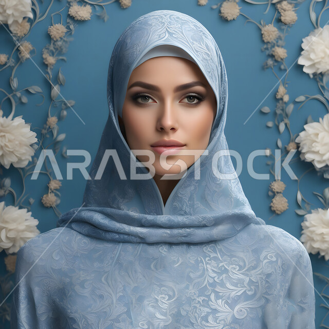 تطور التصاميم العصرية السعودية في المملكه, مفهوم الأناقة والأنوثة, صورة مقربة لإمرأة عربية خليجية سعودية ترتدي الحجاب تنظر إلى الكاميرا بإيماءات الثقة, الاهتمام بالمظهر الخارجي, حجابات وملابس نسائية اسلامية, خلفية زرقاء مزخرفة