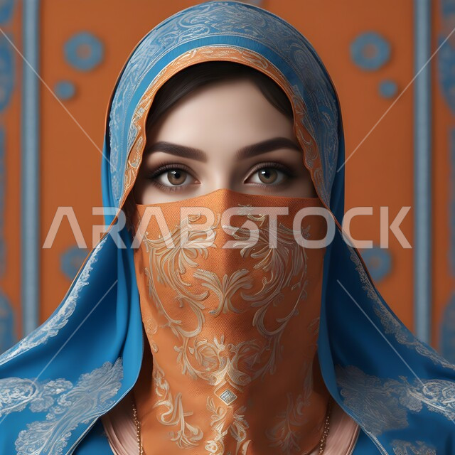مفهوم الأناقة والأنوثة والنعومة و  الاهتمام بالمظهر الخارجي ,أزياء محجبات وملابس نسائية اسلامية بالوان عصريه حديثة، إبراز الجمال السعودي, صورة مقربة لإمرأة عربية خليجية سعودية ترتدي الحجاب واللثام المطرز تنظر إلى الكاميرا، خلفية ملونة مزخرفه