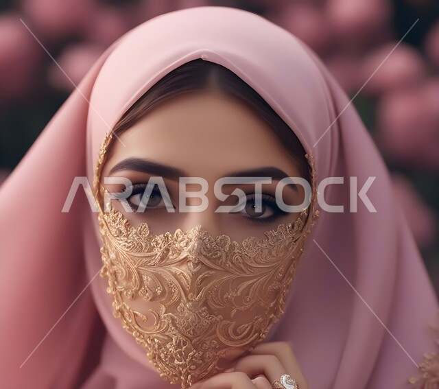 مفهوم الأناقة والأنوثة والنعومة والاهتمام بالمظهر الخارجي , ابراز الجمال السعودي بحجابات وملابس عصريه بألوان حديثه، صورة مقربة لإمرأة عربية خليجية سعودية ترتدي الحجاب واللثام المزخرف تنظر إلى الكاميرا
