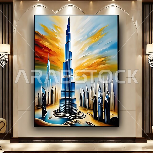 تصاميم وديكورات حديثه عصرية ،رسومات وتصاميم على إحدى الجدران في داخل قصر فاخر ، لوحة فنيه معلقة لبرج خليفه ومعالم مدينة دبي المشهورة