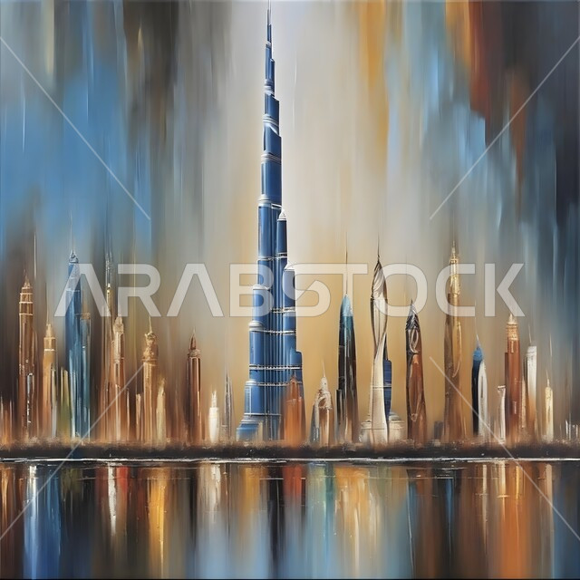  الفن الهندسي المعماري للأبراج وناطحات السحاب في الإمارات العربية المتحدة ،رسومات وتصاميم لمعالم ومباني دبي السياحية المشهورة  ،لوحة فنية بألوان مائية وزيتيه لبرج خليفة الشاهق الشهير