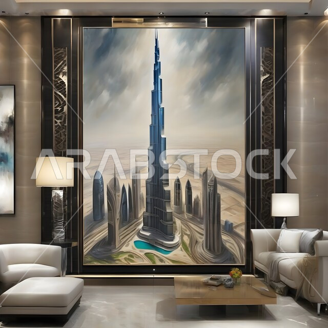 رسومات وتصاميم على إحدى جدران غرفة المعيشة في داخل قصر فاخر ، لوحة فنيه لبرج خليفه ومعالم مدينة دبي المشهورة ، ديكورات وتصاميم حديثه عصرية