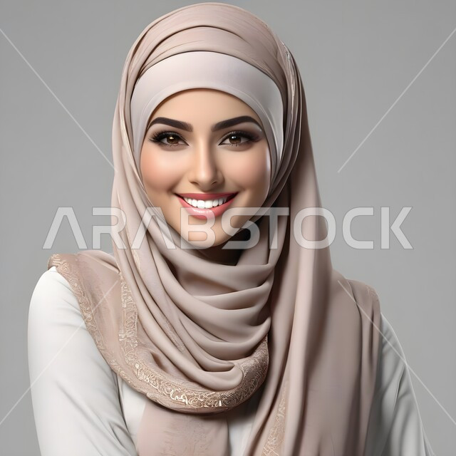  الاهتمام بالمظهر الخارجي ،الوقوف باستقامة لالتقاط صورة شخصية للوثائق الرسمية ،مفهوم النعومة و الأنوثة ، بورتريه مقرب لامرأة عربية خليجية سعودية مبتسمة محجبة تنظر الى الكاميرا بايماءات الثقة بالنفس، خلفية رمادية