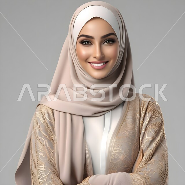 The concept of softness and femininity, attention to external appearance, a close-up portrait of a smiling, veiled Saudi Arabian Gulf woman looking at the camera with gestures of self-confidence, standing upright to take a personal photo for official documents, colored background