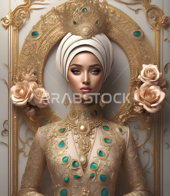 ملابس وحجابات نسائية اسلامية راقيه ،مفهوم الأنوثة والنعومة، صورة مقربة لعروس عربية خليجيه سعودية محجبة مسلمة ترتدي عباءه الافراح العرائسية المطرزة والمزخرفة و تنظر إلى الكاميرا، الاهتمام بالمظهر الخارجي، خلفية جدارية بنقوشات ذهبية مع ورود