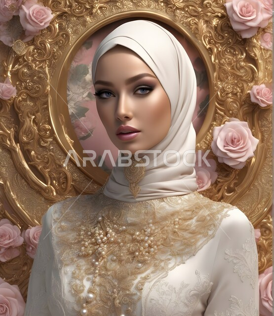 حجابات وملابس نسائية اسلامية راقيه ،مفهوم الأنوثة والنعومة، صورة مقربة لعروس عربية خليجيه سعودية محجبة مسلمة ترتدي عباءه الافراح العرائسية المطرزة والمزخرفة و تنظر إلى الكاميرا، الاهتمام بالمظهر الخارجي، خلفية جدارية بنقوشات ذهبية مع ورود