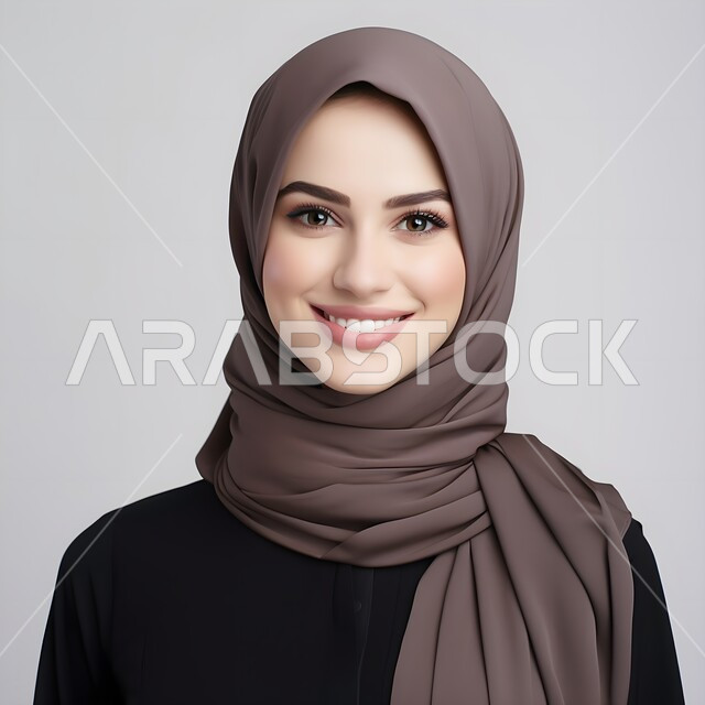 The concept of elegance, femininity, and concern for external appearance, a close-up portrait of a smiling, veiled Saudi Gulf Arab woman looking at the camera with gestures of pleasure, standing upright and self-confident, a personal photo for official documents, gray background
