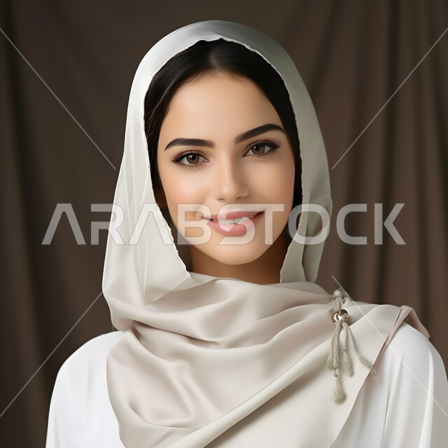  مفهوم الاهتمام بالمظهر الخارجي و الاناقة و الأنوثة ، النظر الى الكاميرا بايماءات السرور، صورة شخصية للوثائق الرسمية، بورتريه مقرب لسيدة عربية خليجية سعودية مبتسمة محجبة تقف باستقامة وثقة بالنفس، خلفية ملونة
