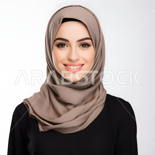  صورة شخصية للوثائق الرسمية، مفهوم الاناقة و الأنوثة والاهتمام بالمظهر الخارجي، بورتريه مقرب لامرأة عربية خليجية سعودية مبتسمة محجبة تنظر الى الكاميرا بايماءات السرور، الوقوف باستقامة وثقة بالنفس، خلفية بيضاء