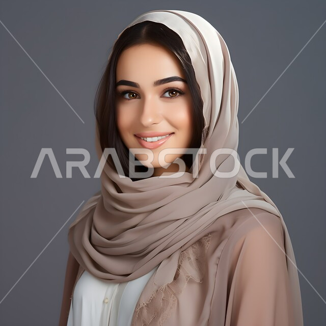 النظر الى الكاميرا بايماءات السرور، صورة شخصية للوثائق الرسمية، مفهوم الاناقة و الأنوثة والاهتمام بالمظهر الخارجي، بورتريه مقرب لامرأة عربية خليجية سعودية مبتسمة محجبة  تقف باستقامة وثقة بالنفس، خلفية رمادية